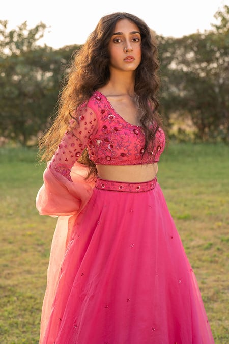 Buy_Zoon_Pink Net, Silk Organza Sequins, Crystals Floral Embroidered Blouse Lehenga Set _Online_at_Aza_Fashions