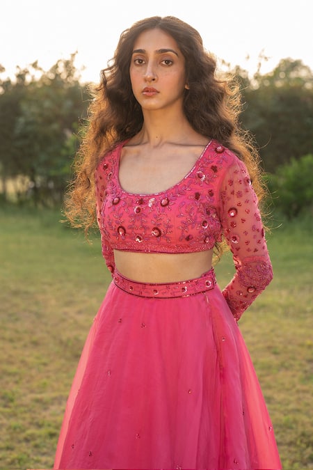 Shop_Zoon_Pink Net, Silk Organza Sequins, Crystals Floral Embroidered Blouse Lehenga Set _Online_at_Aza_Fashions