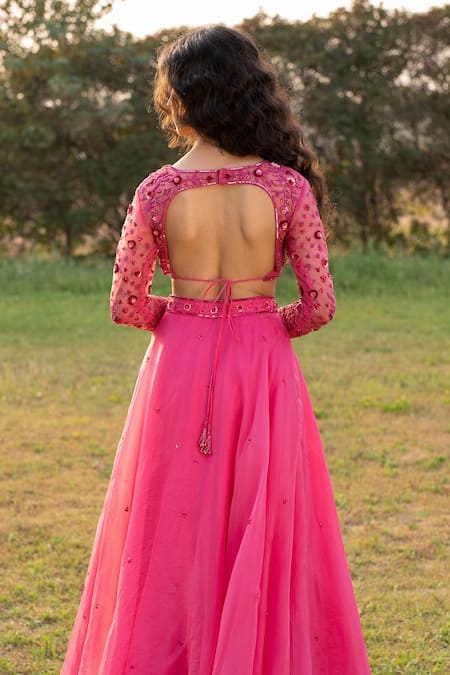 Zoon_Pink Net, Silk Organza Sequins, Crystals Floral Embroidered Blouse Lehenga Set _at_Aza_Fashions