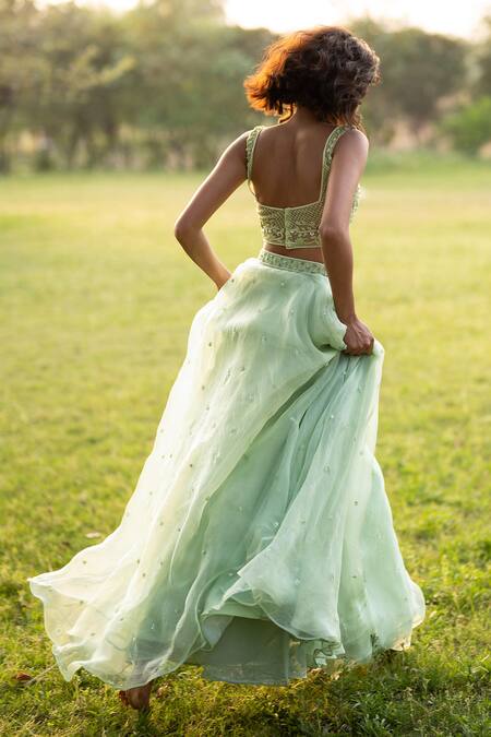 Zoon_Green Net, Silk Organza Cluster Embroidered Lehenga Set With Embellished Blouse _at_Aza_Fashions