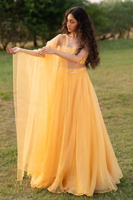 Zoon_Yellow Net, Silk Organza Sequins, Crystals, Applique Embroidered Lehenga Set _Online_at_Aza_Fashions