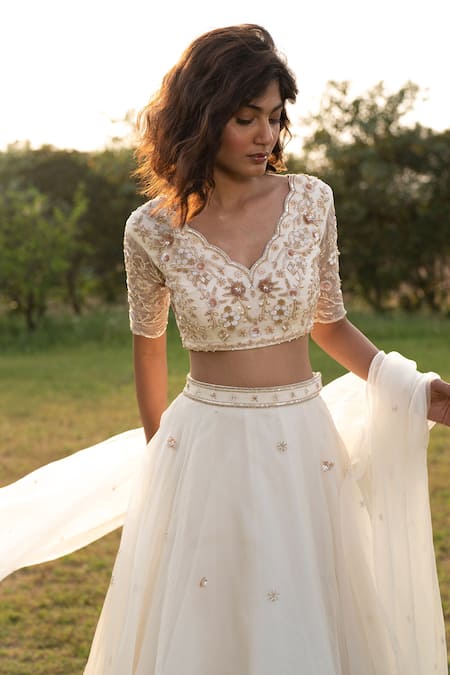 Zoon_Off White Net, Silk Organza Sequins, Floral Embellished Blouse Lehenga Set _Online_at_Aza_Fashions