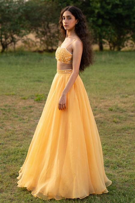 Shop_Zoon_Yellow Net, Silk Organza Sequins, Crystals, Applique Embroidered Lehenga Set _Online_at_Aza_Fashions