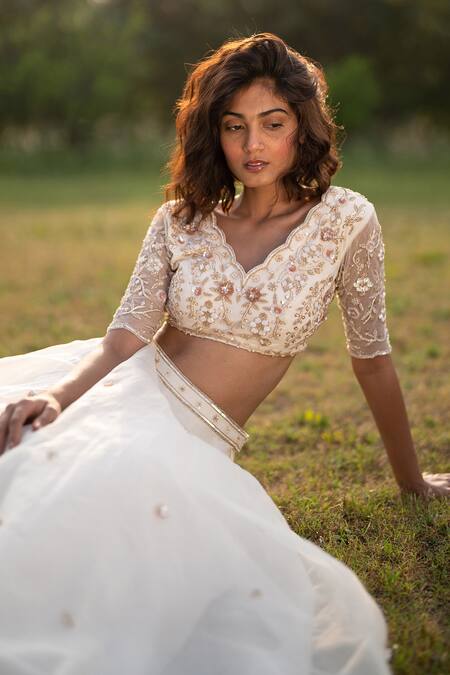 Shop_Zoon_Off White Net, Silk Organza Sequins, Floral Embellished Blouse Lehenga Set _Online_at_Aza_Fashions