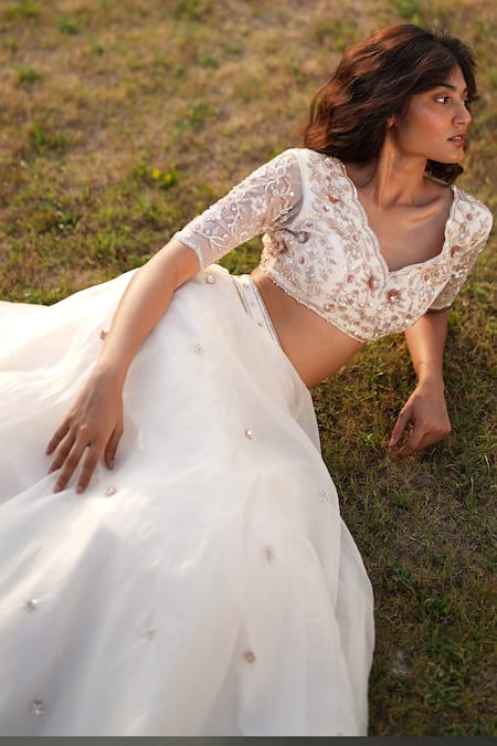Zoon_Off White Net, Silk Organza Sequins, Floral Embellished Blouse Lehenga Set _at_Aza_Fashions