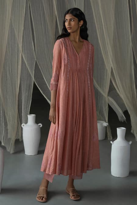 Zoon Peach Cotton Embroidery V-neck Blossom Handblock Print Anarkali With Pant Online at Aza Fashions Zoon_Peach Cotton Embroidery V-neck Blossom Handblock Print Anarkali With Pant _Online_at_Aza_Fashions