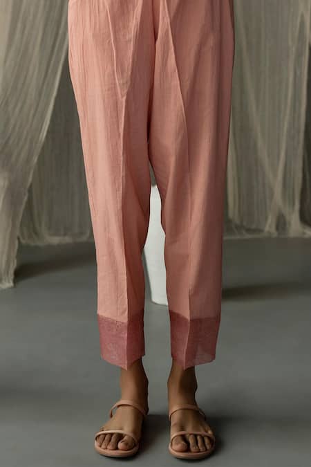 Zoon Peach Cotton Embroidery V-neck Blossom Handblock Print Anarkali With Pant at Aza Fashions Zoon_Peach Cotton Embroidery V-neck Blossom Handblock Print Anarkali With Pant _at_Aza_Fashions