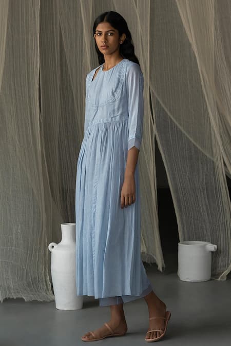 Zoon_Blue , Satin Embroidery Flower Hand Block Print Anarkali And Pant Set _Online_at_Aza_Fashions