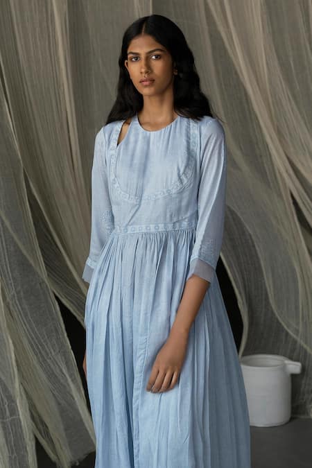 Buy_Zoon_Blue , Satin Embroidery Flower Hand Block Print Anarkali And Pant Set _Online_at_Aza_Fashions