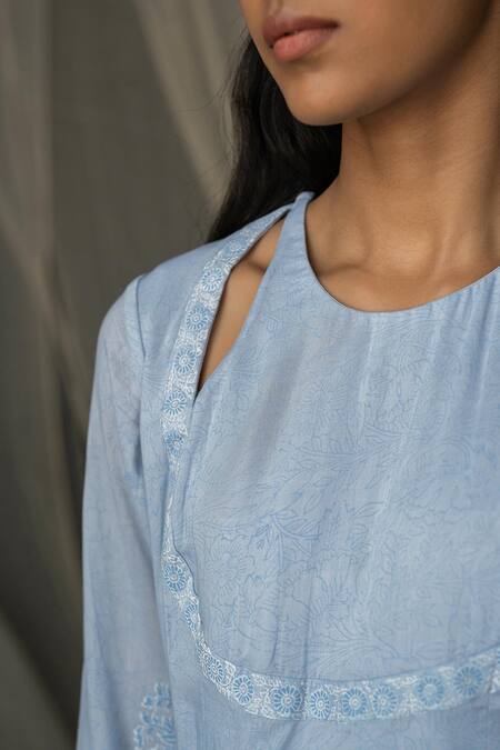 Shop_Zoon_Blue , Satin Embroidery Flower Hand Block Print Anarkali And Pant Set _Online_at_Aza_Fashions