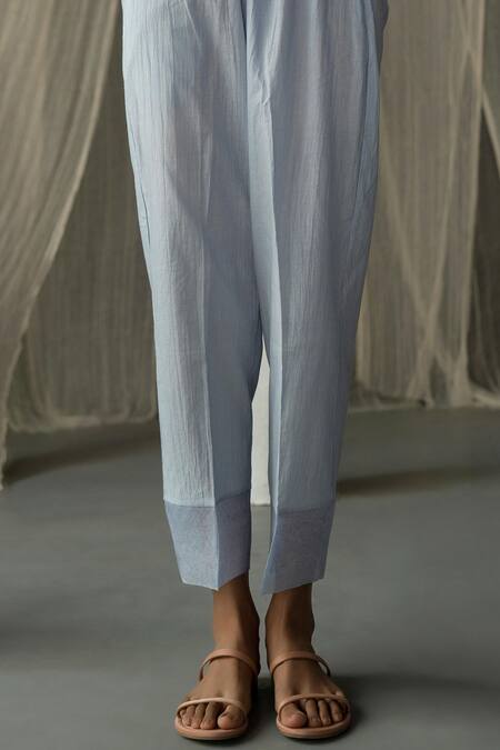 Zoon_Blue , Satin Embroidery Flower Hand Block Print Anarkali And Pant Set _at_Aza_Fashions