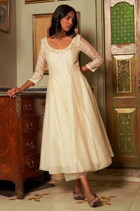 Zoon_Ivory , Cotton, Panelled Anarkali Set With Banarasi Dupatta _Online_at_Aza_Fashions