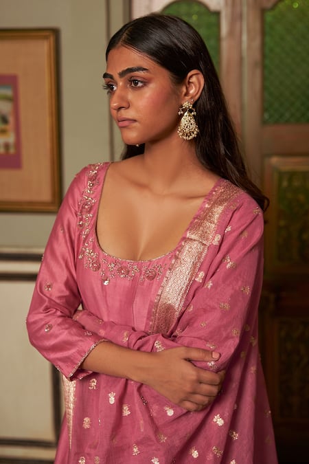 Buy_Zoon_Pink Chanderi, Cotton Embroidery, Sequins, Anarkali Set With Banarasi Dupatta _Online_at_Aza_Fashions