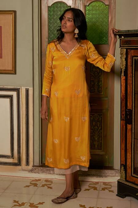 Zoon Yellow Satin, Silk Organza, Cotton Embroidery, Bright Crystal Kurta Pant Set Online at Aza Fashions Zoon_Yellow Satin, Silk Organza, Cotton Embroidery, Bright Crystal Kurta Pant Set _Online_at_Aza_Fashions