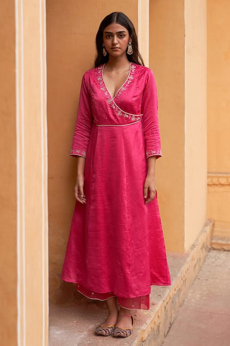 Zoon Pink Chanderi, Cotton, Silk Organza Crystals, Sequins Angrakha Anarkali Pant Set Online at Aza Fashions Zoon_Pink Chanderi, Cotton, Silk Organza Crystals, Sequins Angrakha Anarkali Pant Set _Online_at_Aza_Fashions