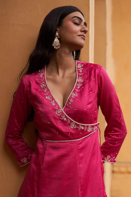 Buy Zoon Pink Chanderi, Cotton, Silk Organza Crystals, Sequins Angrakha Anarkali Pant Set Online at Aza Fashions Buy_Zoon_Pink Chanderi, Cotton, Silk Organza Crystals, Sequins Angrakha Anarkali Pant Set _Online_at_Aza_Fashions