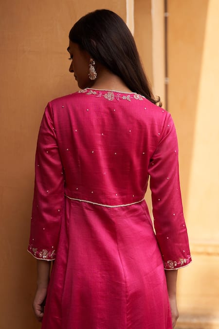 Shop Zoon Pink Chanderi, Cotton, Silk Organza Crystals, Sequins Angrakha Anarkali Pant Set Online at Aza Fashions Shop_Zoon_Pink Chanderi, Cotton, Silk Organza Crystals, Sequins Angrakha Anarkali Pant Set _Online_at_Aza_Fashions
