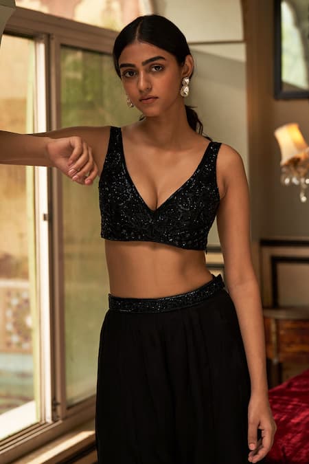 Zoon_Black Crepe, Silk , Sequins, Embroidered Jacket Flared Pant Set _at_Aza_Fashions