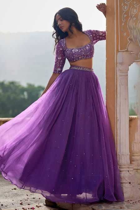 Zoon_Purple Net, Satin, Organza Sequins, Applique, Mukaish Embroidered Lehenga Set _Online_at_Aza_Fashions