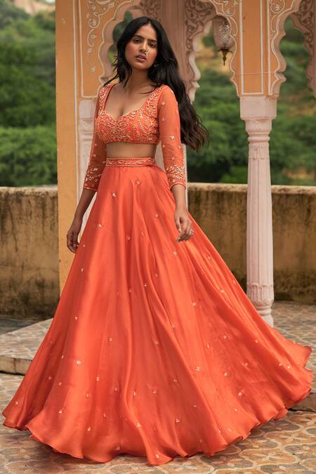 Buy Burnt Orange Zardozi Lehenga Set by SHYAM NARAYAN PRASAD at Ogaan  Online Shopping Site