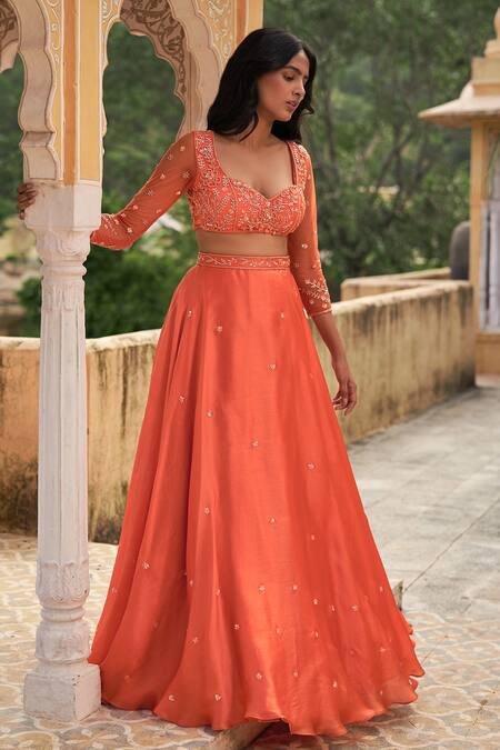 Buy Zoon Orange Net, Satin Embroidery, Cut Work Sweetheart Floral Placement Lehenga Set Online at Aza Fashions Buy_Zoon_Orange Net, Satin Embroidery, Cut Work Sweetheart Floral Placement Lehenga Set _Online_at_Aza_Fashions