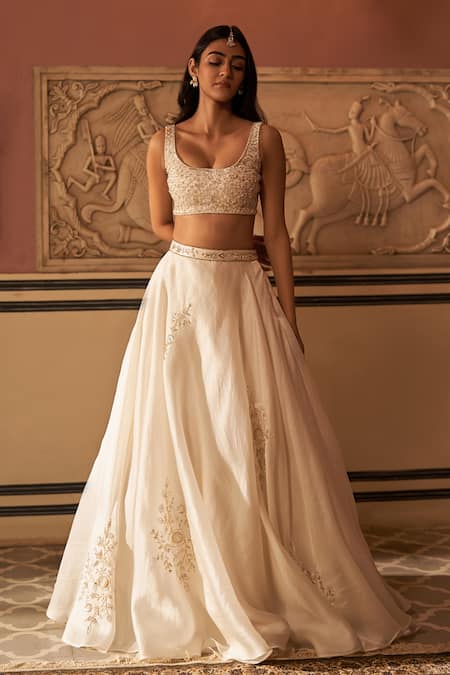 Zoon_Ivory Satin, Organza Embroidery Round Neck Aari Placement Lehenga Set _Online_at_Aza_Fashions