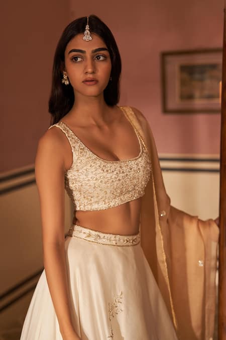 Buy_Zoon_Ivory Satin, Organza Embroidery Round Neck Aari Placement Lehenga Set _Online_at_Aza_Fashions