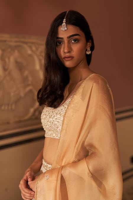 Shop_Zoon_Ivory Satin, Organza Embroidery Round Neck Aari Placement Lehenga Set _Online_at_Aza_Fashions