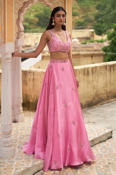 Zoon_Pink Net, Silk Organza, Satin Crystals, Placement Embroidered Lehenga Set _Online_at_Aza_Fashions