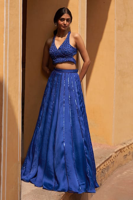 Zoon Blue Net, Silk Sequins V-neck Embroidered Panelled Lehenga Set Online at Aza Fashions Zoon_Blue Net, Silk Sequins V-neck Embroidered Panelled Lehenga Set _Online_at_Aza_Fashions
