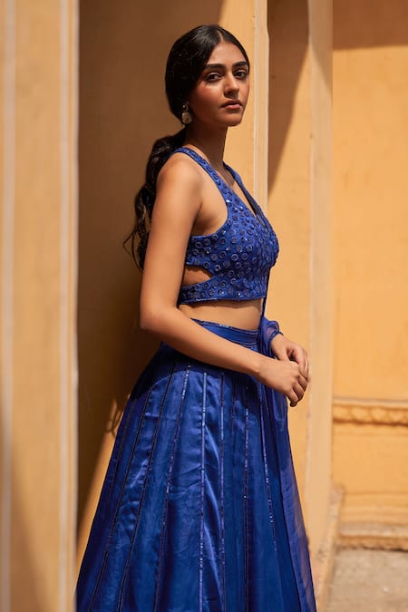 Shop Zoon Blue Net, Silk Sequins V-neck Embroidered Panelled Lehenga Set Online at Aza Fashions Shop_Zoon_Blue Net, Silk Sequins V-neck Embroidered Panelled Lehenga Set _Online_at_Aza_Fashions