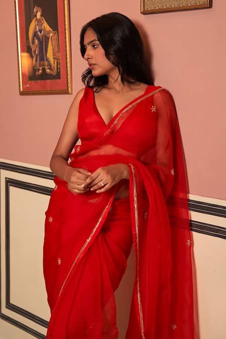 Zoon Red Silk Organza, Net Embroidery, Cut Work Hand Placement Saree With Blouse Online at Aza Fashions Zoon_Red Silk Organza, Net Embroidery, Cut Work Hand Placement Saree With Blouse _Online_at_Aza_Fashions