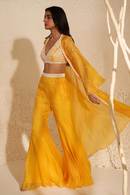 Zoon Yellow Crepe, Organza Embroidery V-, Open Placement Jacket Palazzo Set Online at Aza Fashions Zoon_Yellow Crepe, Organza Embroidery V-, Open Placement Jacket Palazzo Set _Online_at_Aza_Fashions