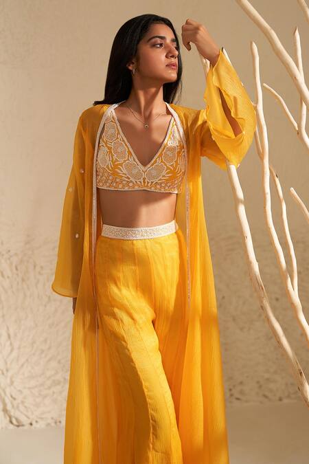 Shop Zoon Yellow Crepe, Organza Embroidery V-, Open Placement Jacket Palazzo Set Online at Aza Fashions Shop_Zoon_Yellow Crepe, Organza Embroidery V-, Open Placement Jacket Palazzo Set _Online_at_Aza_Fashions