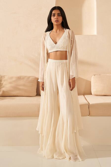 Zoon_Ivory Crepe, Organza, Chiffon Sequins Sleeve Embroidered Jacket Palazzo Set _Online_at_Aza_Fashions