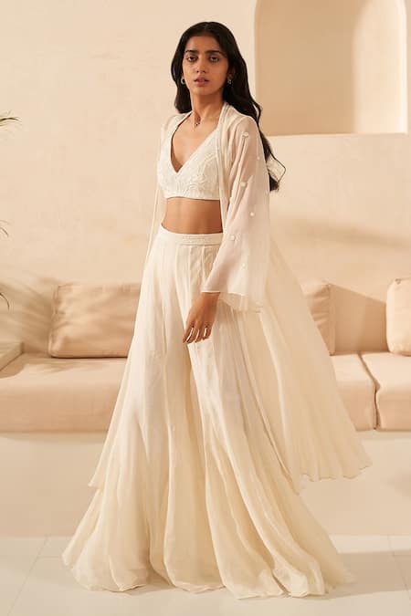 Buy_Zoon_Ivory Crepe, Organza, Chiffon Sequins Sleeve Embroidered Jacket Palazzo Set _Online_at_Aza_Fashions