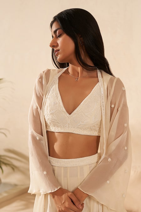 Shop_Zoon_Ivory Crepe, Organza, Chiffon Sequins Sleeve Embroidered Jacket Palazzo Set _Online_at_Aza_Fashions