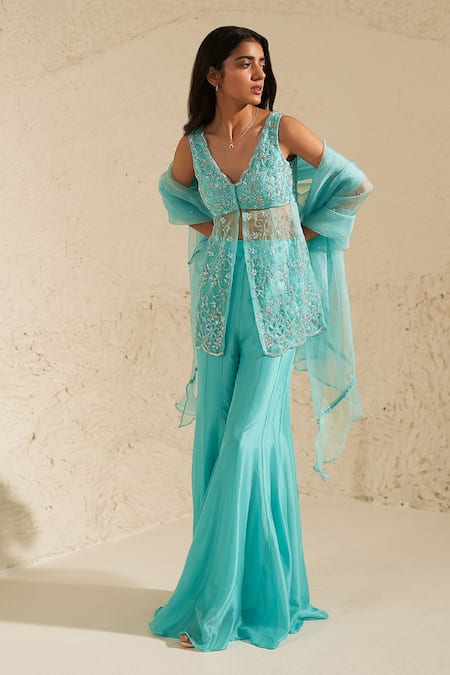 Zoon Blue Crepe, Chiffon Cut Work, Embroidery, Beads Scoop Neck Kurta Sharara Set Online at Aza Fashions Zoon_Blue Crepe, Chiffon Cut Work, Embroidery, Beads Scoop Neck Kurta Sharara Set _Online_at_Aza_Fashions