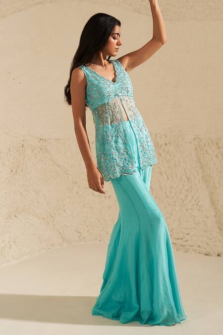 Buy Zoon Blue Crepe, Chiffon Cut Work, Embroidery, Beads Scoop Neck Kurta Sharara Set Online at Aza Fashions Buy_Zoon_Blue Crepe, Chiffon Cut Work, Embroidery, Beads Scoop Neck Kurta Sharara Set _Online_at_Aza_Fashions