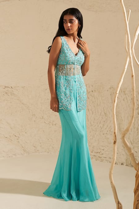 Shop Zoon Blue Crepe, Chiffon Cut Work, Embroidery, Beads Scoop Neck Kurta Sharara Set Online at Aza Fashions Shop_Zoon_Blue Crepe, Chiffon Cut Work, Embroidery, Beads Scoop Neck Kurta Sharara Set _Online_at_Aza_Fashions