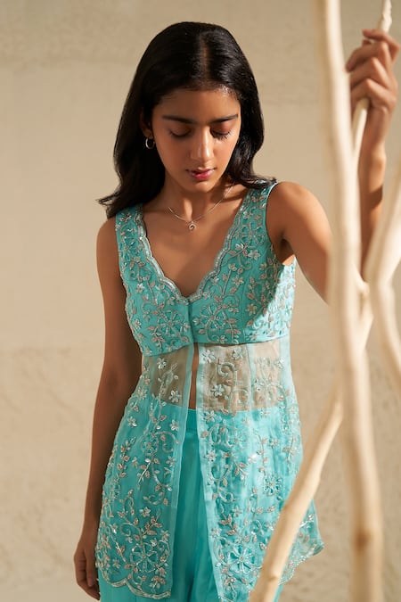 Zoon Blue Crepe, Chiffon Cut Work, Embroidery, Beads Scoop Neck Kurta Sharara Set at Aza Fashions Zoon_Blue Crepe, Chiffon Cut Work, Embroidery, Beads Scoop Neck Kurta Sharara Set _at_Aza_Fashions