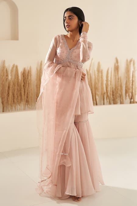 Zoon Pink Crepe, , Organza Cut Work, Embroidered Short Anarkali Sharara Set Online at Aza Fashions Zoon_Pink Crepe, , Organza Cut Work, Embroidered Short Anarkali Sharara Set _Online_at_Aza_Fashions