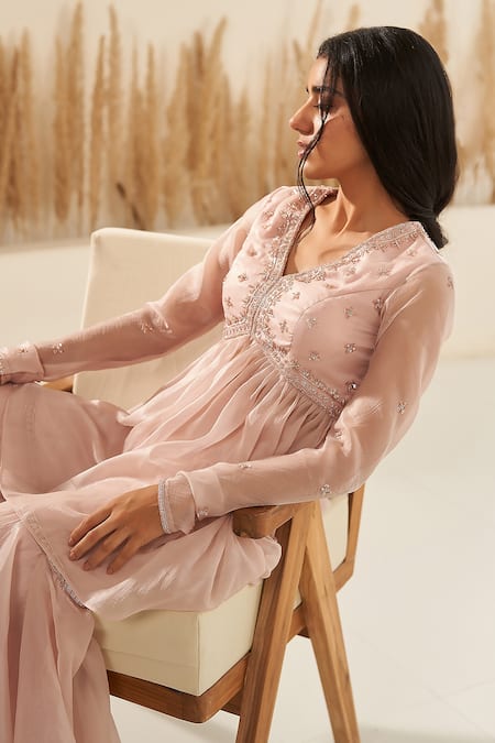 Shop Zoon Pink Crepe, , Organza Cut Work, Embroidered Short Anarkali Sharara Set Online at Aza Fashions Shop_Zoon_Pink Crepe, , Organza Cut Work, Embroidered Short Anarkali Sharara Set _Online_at_Aza_Fashions