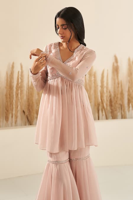 Zoon Pink Crepe, , Organza Cut Work, Embroidered Short Anarkali Sharara Set at Aza Fashions Zoon_Pink Crepe, , Organza Cut Work, Embroidered Short Anarkali Sharara Set _at_Aza_Fashions