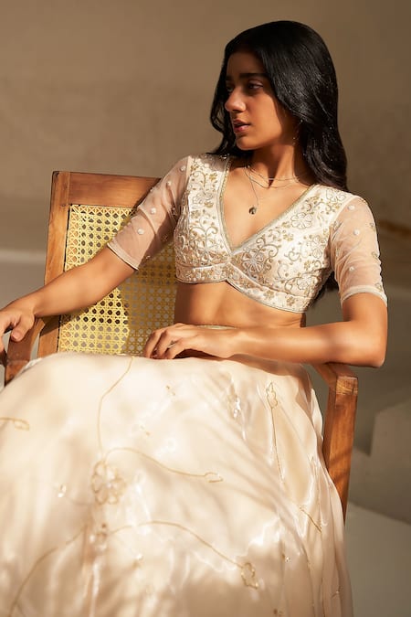 Zoon Cream , , Cut Work, Aari Hand Embroidered Lehenga Set at Aza Fashions Zoon_Cream , , Cut Work, Aari Hand Embroidered Lehenga Set _at_Aza_Fashions