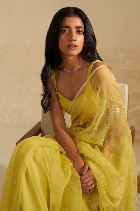 Buy Zoon Green Georgette, Silk Organza Embroidery, Floral Hand Saree With Blouse Online at Aza Fashions Buy_Zoon_Green Georgette, Silk Organza Embroidery, Floral Hand Saree With Blouse _Online_at_Aza_Fashions