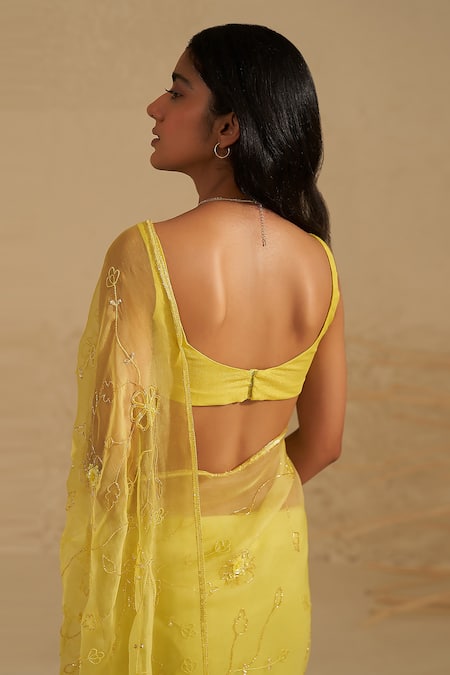 Shop Zoon Green Georgette, Silk Organza Embroidery, Floral Hand Saree With Blouse Online at Aza Fashions Shop_Zoon_Green Georgette, Silk Organza Embroidery, Floral Hand Saree With Blouse _Online_at_Aza_Fashions