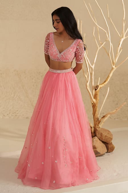 Zoon_Pink Net, Silk Organza Sequins, Cut Work, Embroidery Placement Hand Lehenga Set _Online_at_Aza_Fashions