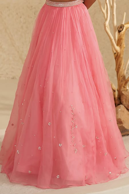 Buy_Zoon_Pink Net, Silk Organza Sequins, Cut Work, Embroidery Placement Hand Lehenga Set _Online_at_Aza_Fashions