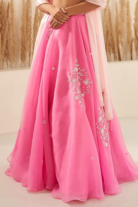 Zoon_Pink , Silk Cut Work, Sequins, Cutdana Floral Lehenga Set _Online_at_Aza_Fashions
